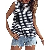 Floerns Women's Gingham Print Sleeveless Round Neck Ruffle Hem Peplum Blouse Top