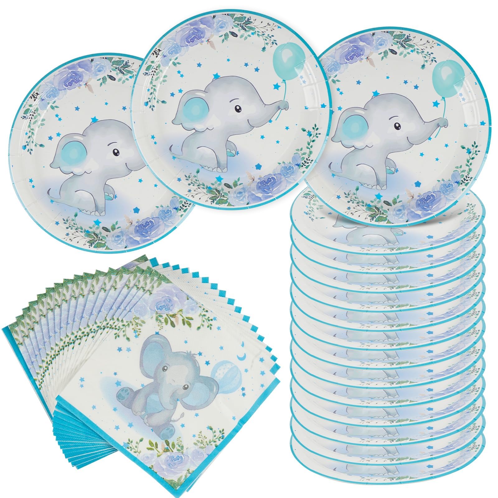 AINIUNIU Elephant Baby Shower Decorations for 20 Guests, 40Pcs Baby Shower Decorations Boy Blue Plates Set, Blue Party Dinnerware Set for Boys, Paper Plates and Tableware