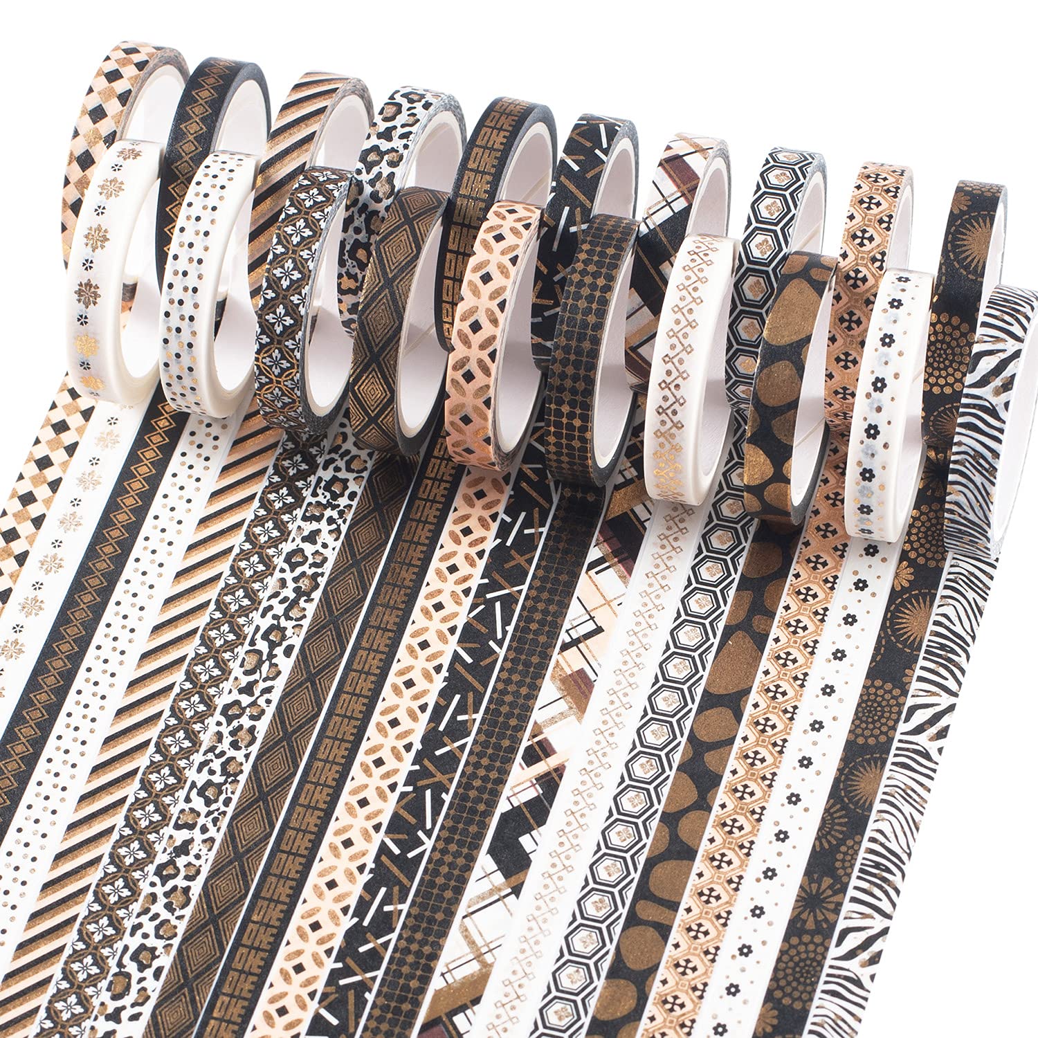 YUBX 20 Rolls Washi Tape Set Black Gold Foil Print Decorative Masking Tapes for Arts, DIY Crafts, Bullet Journals, Planners, Scrapbook, Wrapping 7mm (Slim Black Gold 20)