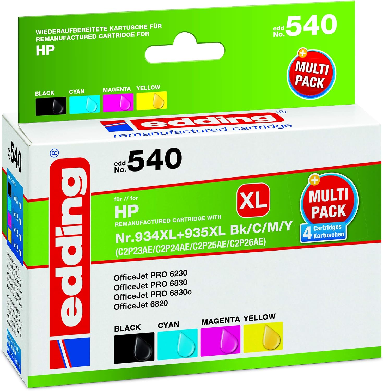 edding EDD-540 Ink Cartridge Replaces HP 934XL/935XL (C2P23/C2P24/C2P25/C2P26) Multipack 4, Black, Cyan, Magenta, Yellow