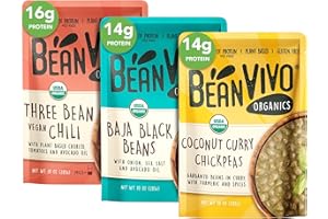 BeanVIVO - Variety 3 Pack (10 oz each) - Organic Baja Black Beans, Three Bean Vegan Chili, Coconut Curry Chickpeas - Seasoned & Ready to Eat, Plant Protein, Vegan, Gluten Free, Microwaveable, Instant Meals