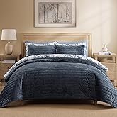 WRENSONGE Velvet Queen Quilt Set-3 Pieces Blue Grey Luxurious Velvet Striped Channel Comforter with 2 Shams, Soft Bedspread Coverlet Quilted Bedding Set for All Season