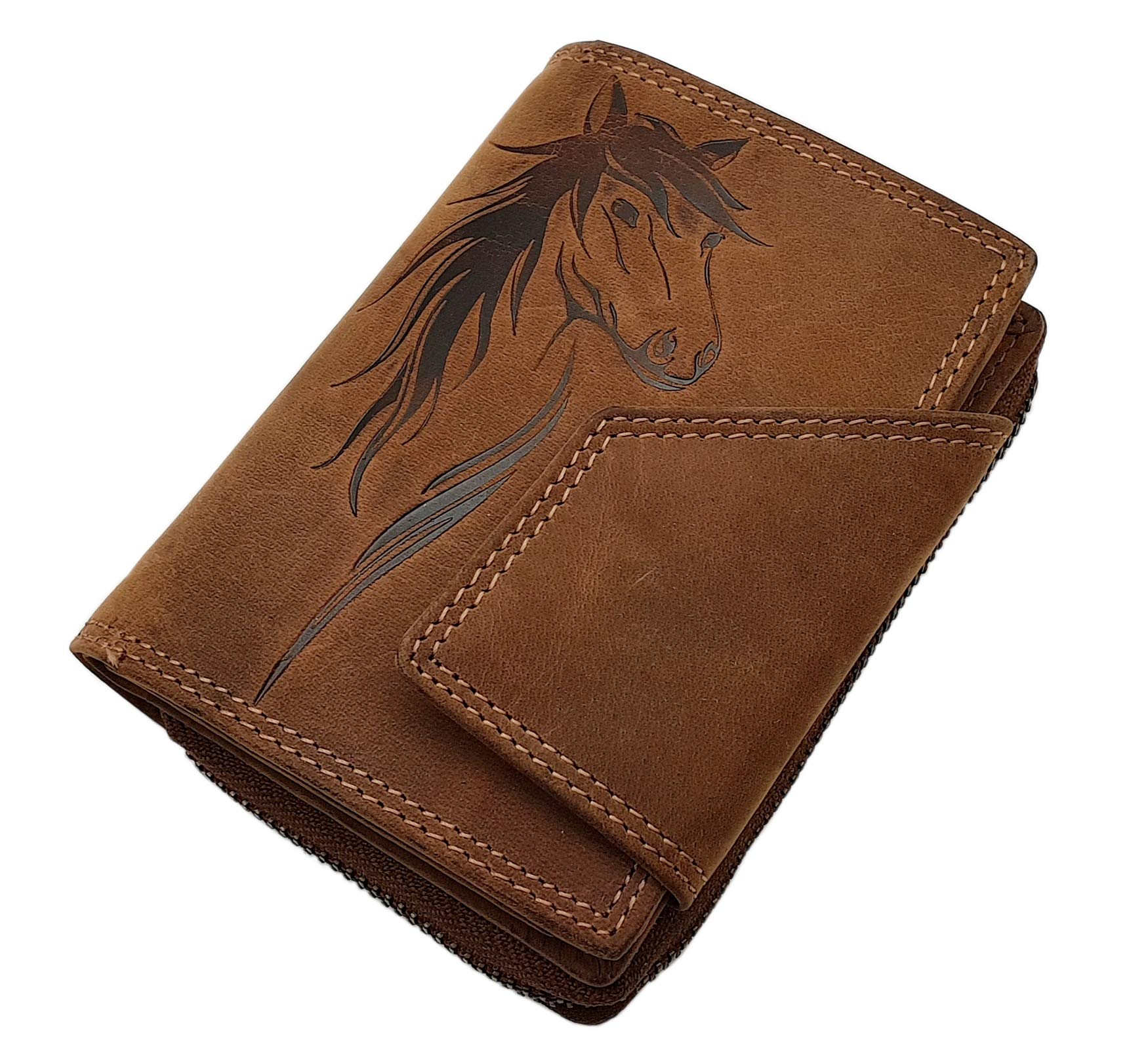 myledershop Buffalo Full Leather Womens Purse with Horse-Motif - with RFID & NFC Blocking in Cognac