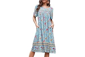 CRIPOM Womens Nightgown Short Sleeve House Dress with Pockets-Floral Print Mumu Dress S-3XL