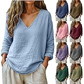 Womens Cotton Linen Shirts Casual V Neck Long Sleeve Oversized Tees Beach Peasant Blouses Spring Fashion Clothes