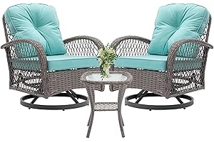 Villeston Swivel Patio Chairs, Outdoor Rocker Table and Chairs 3 Piece Bistro Set 360° Rattan Wicker Front Porch Furniture with Cushions Outside