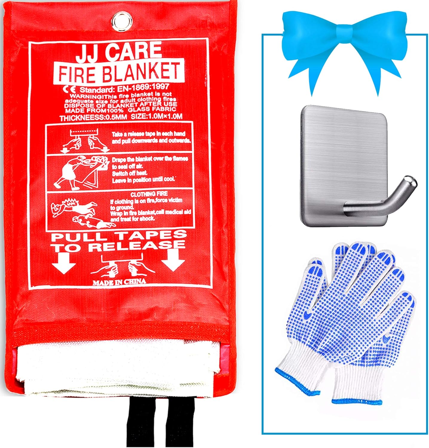 JJ CARE [Extra Large] Fire Blanket for Home 6.5 ft x 6.5 ft with Hook & Gloves, Fire Suppression Blanket, Emergency Fire Blanket for People, Fire Blanket Kitchen, Emergency Use - White: Sports & Outdoors