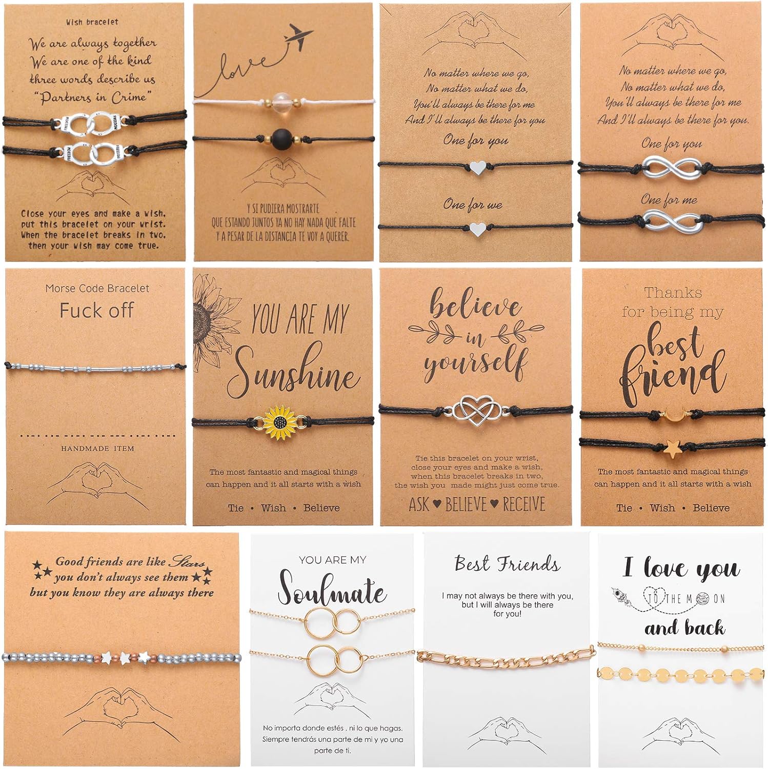 17 MILE 12-18 Pcs Friendship Matching Bracelets Set for Women Promise Wish Card Jewelry Gifts for Best Friends/Family/Couple: Jewelry