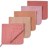 SnugOre Muslin Burp Cloths 5 Pack Large 20x12 inches Baby Burping Cloths, 6-Layer 100% Cotton for Newborn Boys Girls, Ultra Soft & Absorbent (Pink & Coffee)