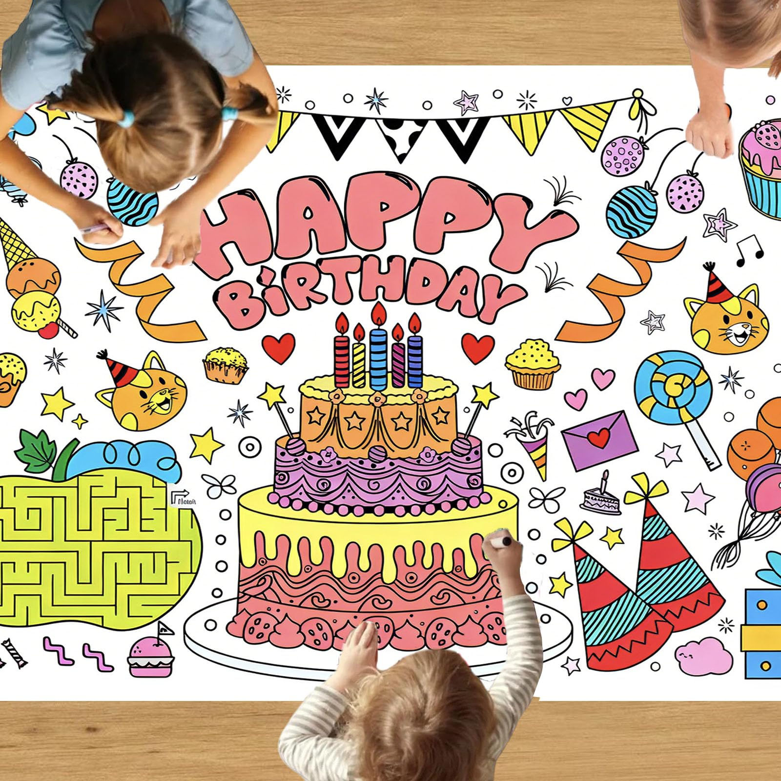 Plusupon Happy Birthday Colouring Table Cloth, 72 X 29 Inch Giant Birthday Cake Coloring Posters, DIY Colouring Sheets Colour in Tablecloths for Boys Girls Birthday Party Gifts Supplies