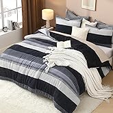 Litanika Fluffy Fleece Full Size Comforter Set, Luxury Soft Plush Fuzzy Dark Grey Stripe Bedding Comforter Sets, Warm Shaggy Faux Fur Bed Set All Season (1 Comforter, 2 Pillowcases)