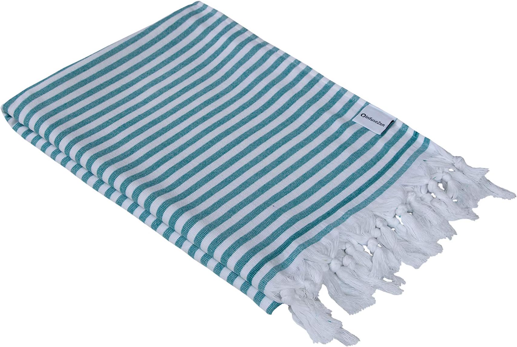 InfuseZen Sea Green and White Striped Turkish Terry Towel for The Bath, Pool or Spa, Oversized Beach Towel, Oversized Peshtemal Towel, Thin Terry Fouta