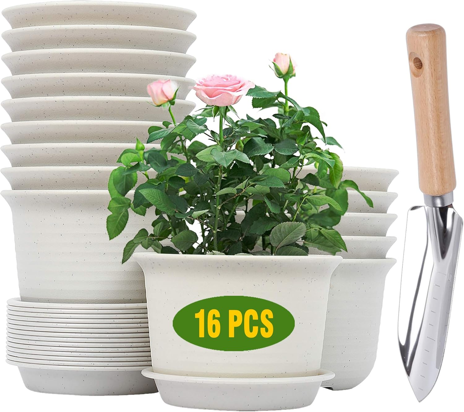 6 Inch Plastic Planter with Drainage Hole and Tray, Set of 15 PCS