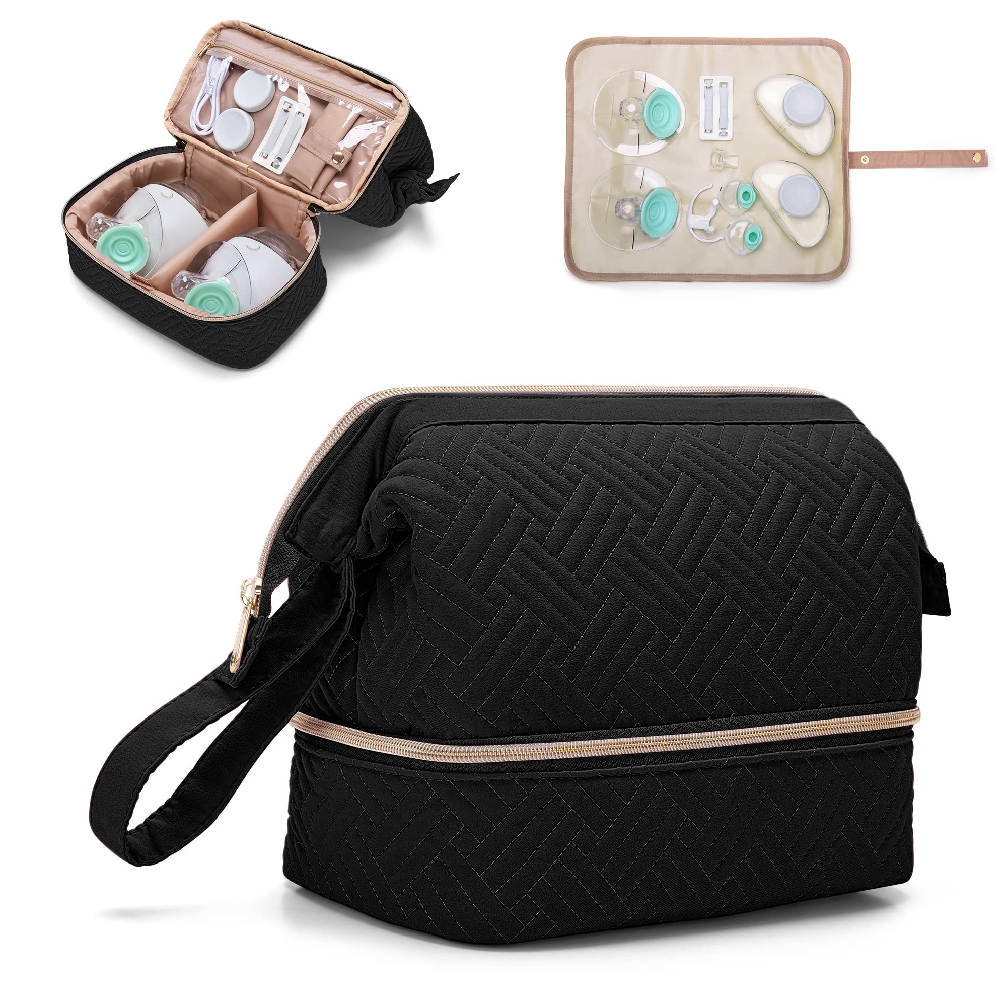 Photo 1 of Fasrom Wearable Breast Pump Bag Compatible with Elvie Pumps, Double Layer Pump Carrying Case with Waterproof Mat and Insulated Pockets for Working Moms, Black (Bag Only, Patent Pending)