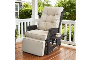 COMLAX FIELD Outdoor Indoor Wicker Recliner with Adjustable Back and Footrest, Patio Reclining Chair with Flip-up Table, Outdoor Rattan Lounge Chair, Beige