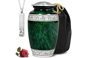 LIFAG Hand-Engraved Green Urn for Ashes for Women & Men with Ash Necklace & Velvet Bag | Green Marble Finish Metal Cremation Urns for Human Ashes Adult Man | Elegant Burial & Funeral Urn - Large, 220 lbs