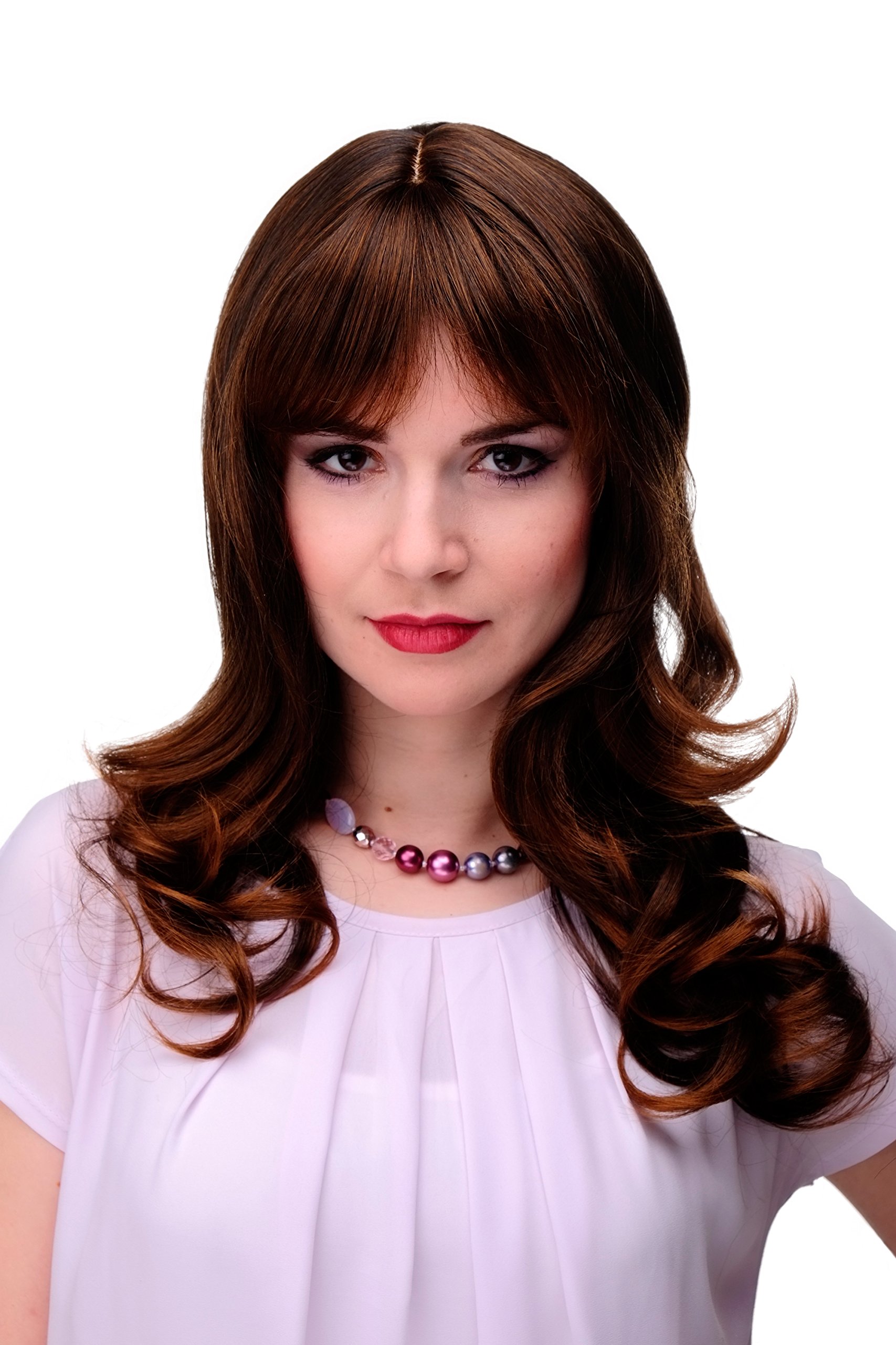 WIG ME UP 3001-2T30 Lady Quality Wig very long beautiful curling ends fringe bangs chestnut mixed dark brown & copper brown approx 21inch