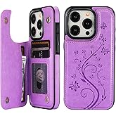 Vaburs Compatible with iPhone 15 Pro Case Wallet with Card Holder,Embossed Butterfly Pattern PU Leather Double Buttons Flip Protective Shockproof Cover for Magnetic Car Mount 6.1 Inch (Purple)