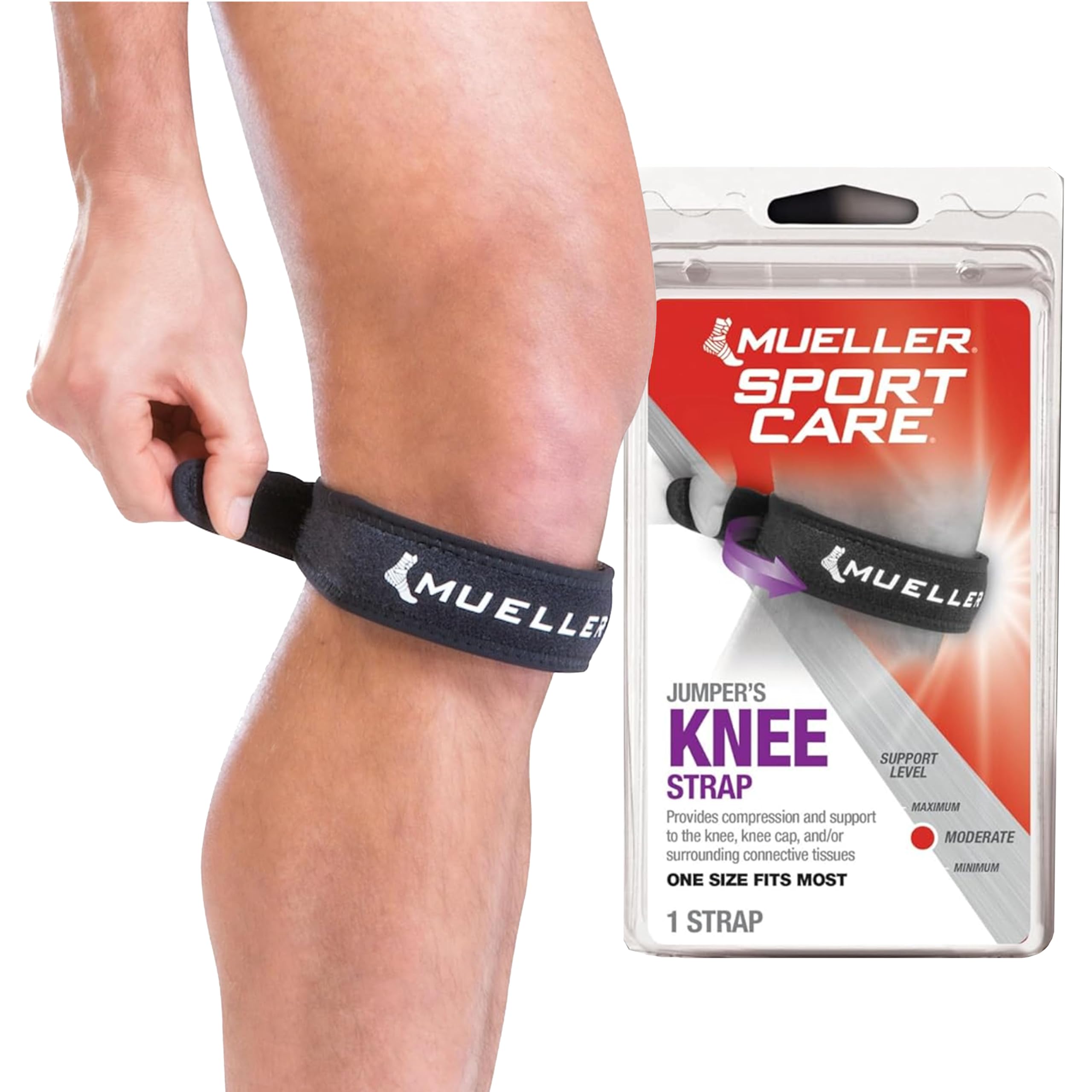 Photo 1 of MUELLER Sports Medicine Jumper's Knee Single Strap for Men and Women, Knee Compression and Pain Relief Support, Ideal for Osgood-Schlatter's, Patellar Tendinitis, Black, One Size