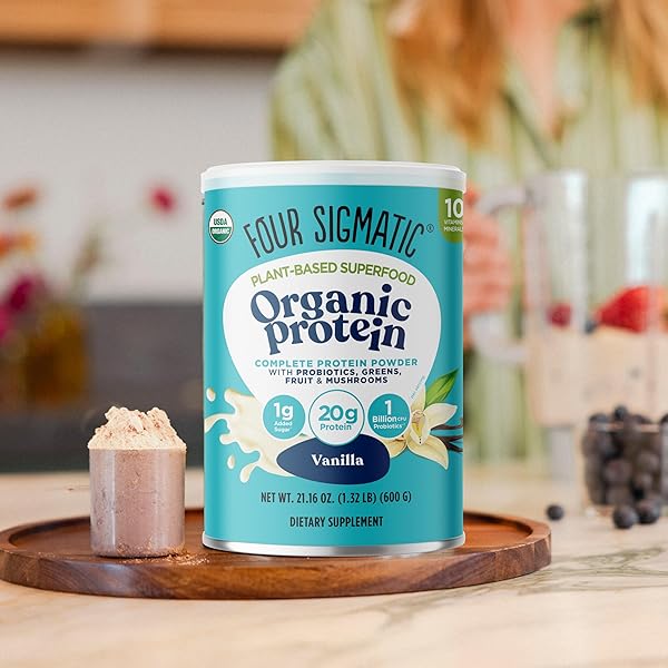 FOUR SIGMATIC ORGANIC VEGAN PROTEIN POWDER | 18G PLANT-BASED PROTEIN PER SERVING | GLUTEN FREE, DAIRY FREE, SOY FREE, NON-GMO WITH NO FILLER INGREDIENTS | 21.16OZ, 15 SERVINGS | VANILLA