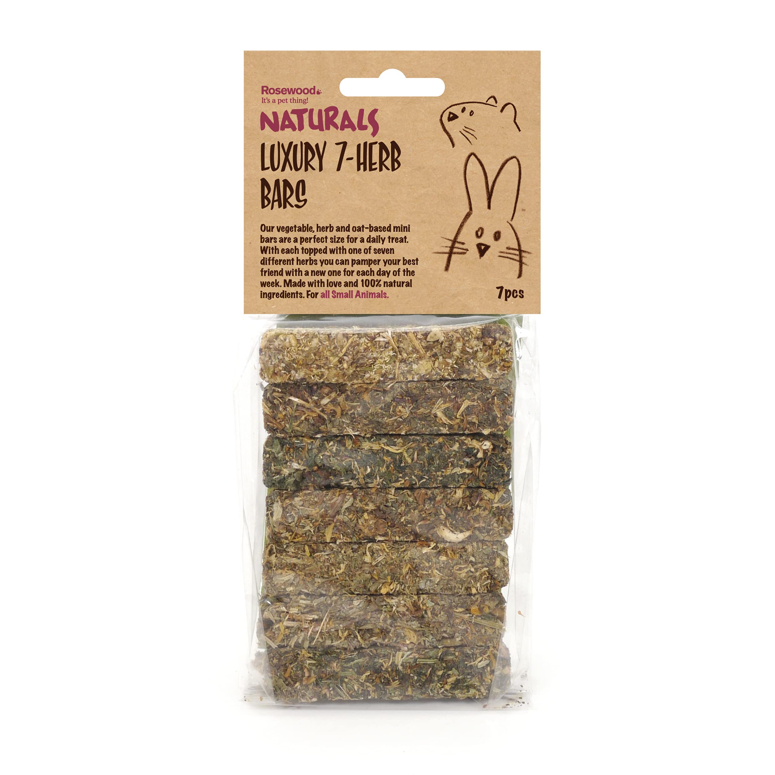 Rosewood Naturals Luxury 7-Herb Bars, Small Animal Treats for Rabbits, Guinea Pigs, Chinchillas, Degus, Hamsters, Gerbils, Mice and Rats, 7pc/80g - (6 Pack)