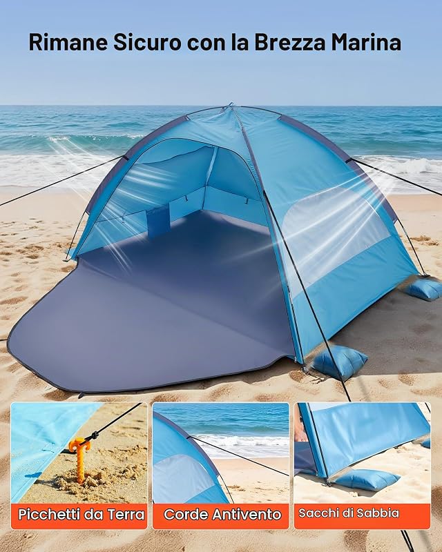Tenda da Spiaggia Pop Up per Mare per 3 Persone, Tenda da Sole Portatile con Borsa per il Trasporto e Ancoraggi a Terra, Ombrellone da Spiaggia Leggero per Campeggio, Pesca, Picnic