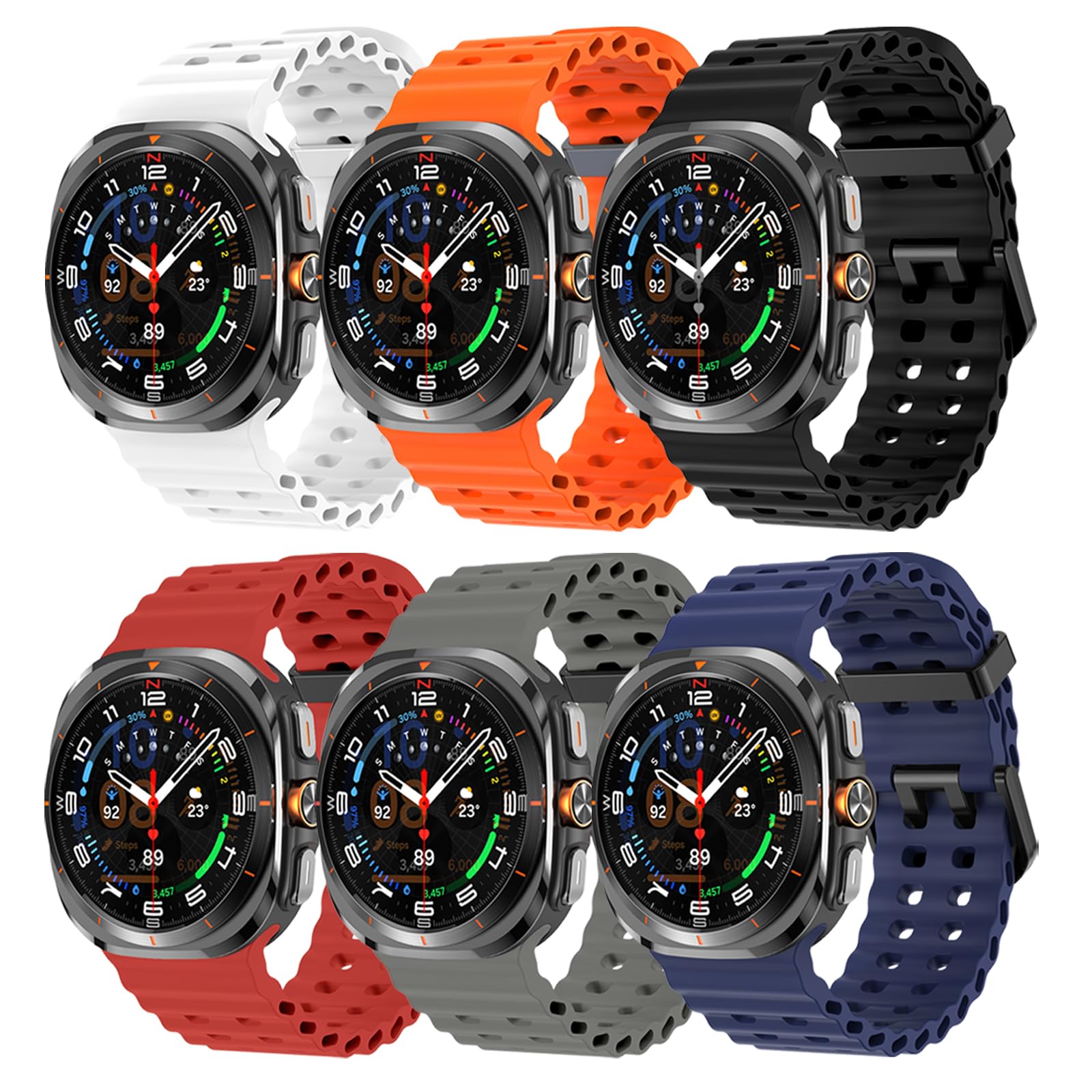 HAYONLIY 6 Packs Sport Silicone Band Compatible for Samsung Galaxy Watch Ultra 47mm (2025/2024), Breathable Wristband Waterproof Replacement Soft Silicone Strap for Men Women