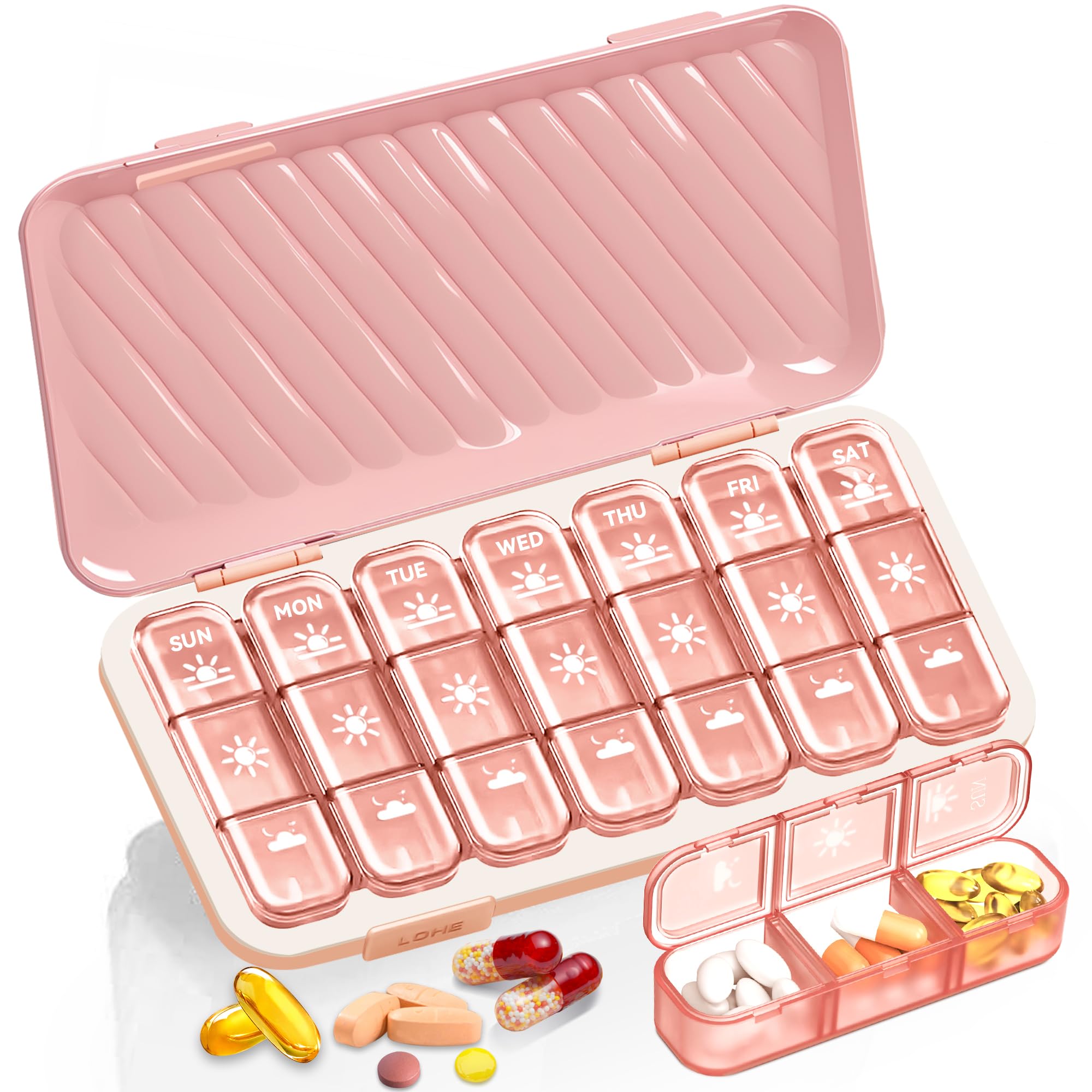 Photo 1 of Pill Organizer 3 Times A Day, 7 Day Pill Box - GloDeals Weekly Pill Organizer, Portable Removable Daily Medicine Container Dispenser Case for Vitamin Fish Oil Supplement, Pink