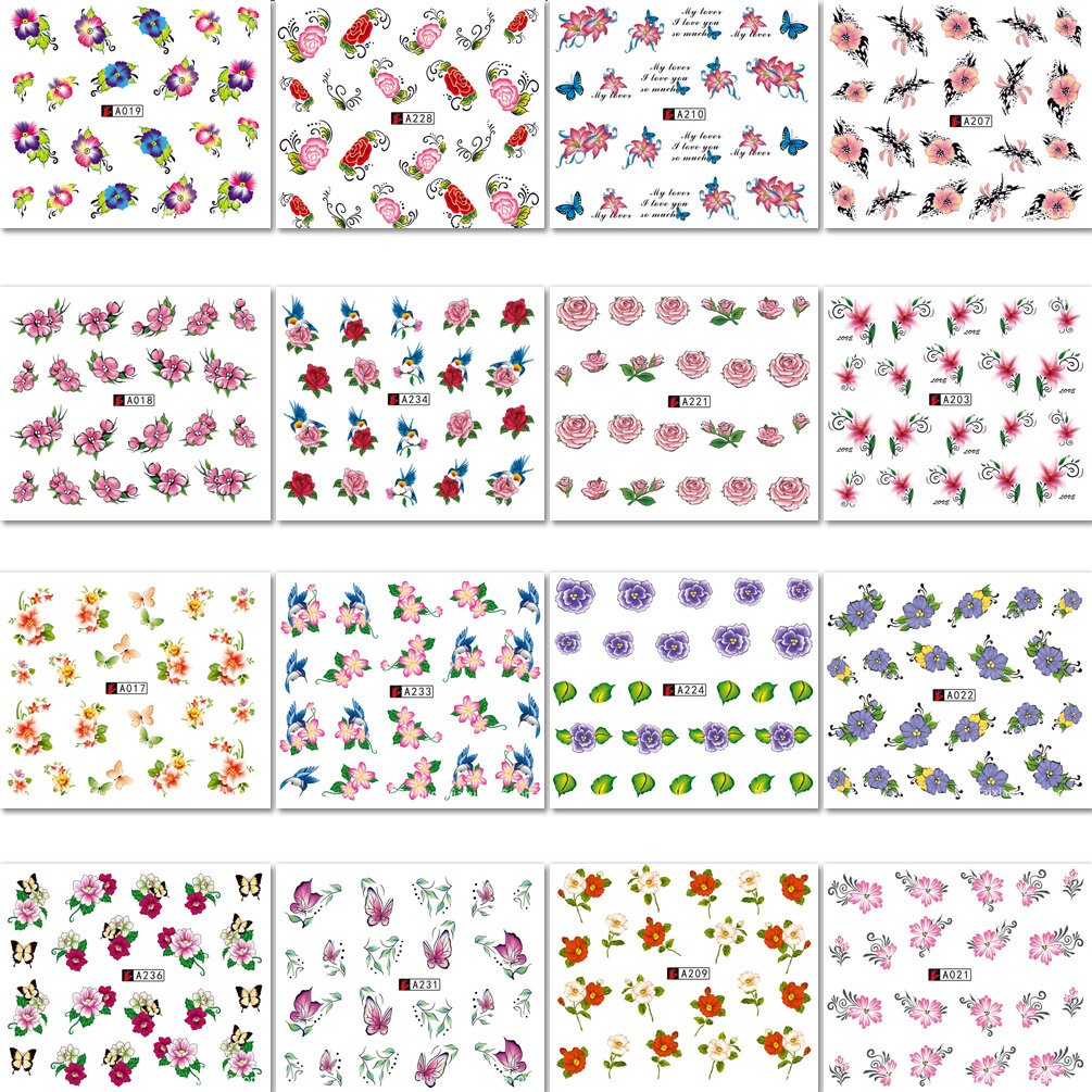 KINGMAS 50 Sheets Nail Art Stickers Water Transfer DIY Nail Decals Butterfly, Flowers, Feathers etc Colorful Transfer Watermark Nail Stickers for Nails Design Manicure Tips Decor: Beauty
