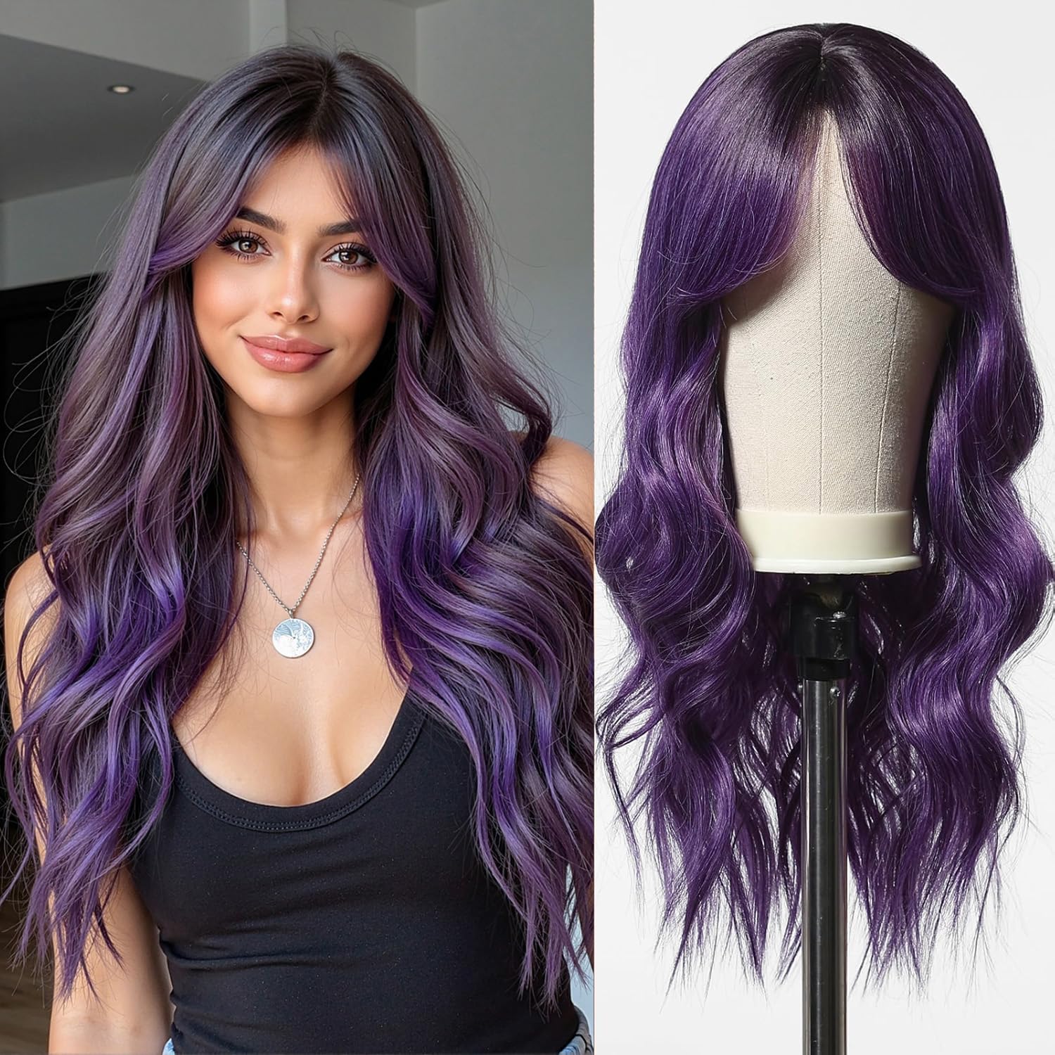 Esmee Long Wavy Purple Wigs With Curtain Bangs for Women Natural Synthetic Daily Party Cosplay Wigs for Women — image 1