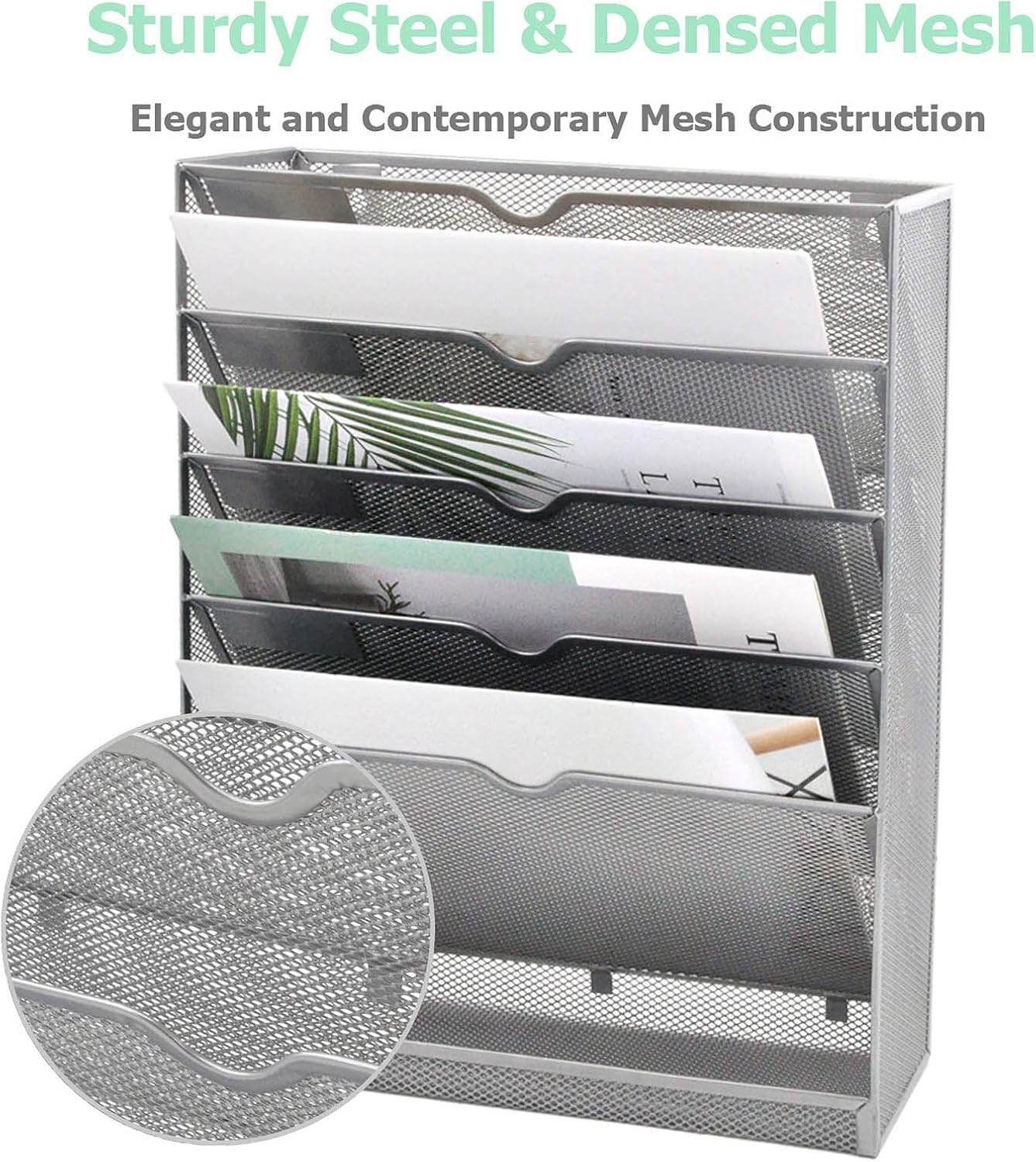 EASEPRES Mesh Wall File Organizer 5 Tier Vertical Mount Hanging Holder Magazine Rack with Bottom Flat Tray, Silver : Office Products