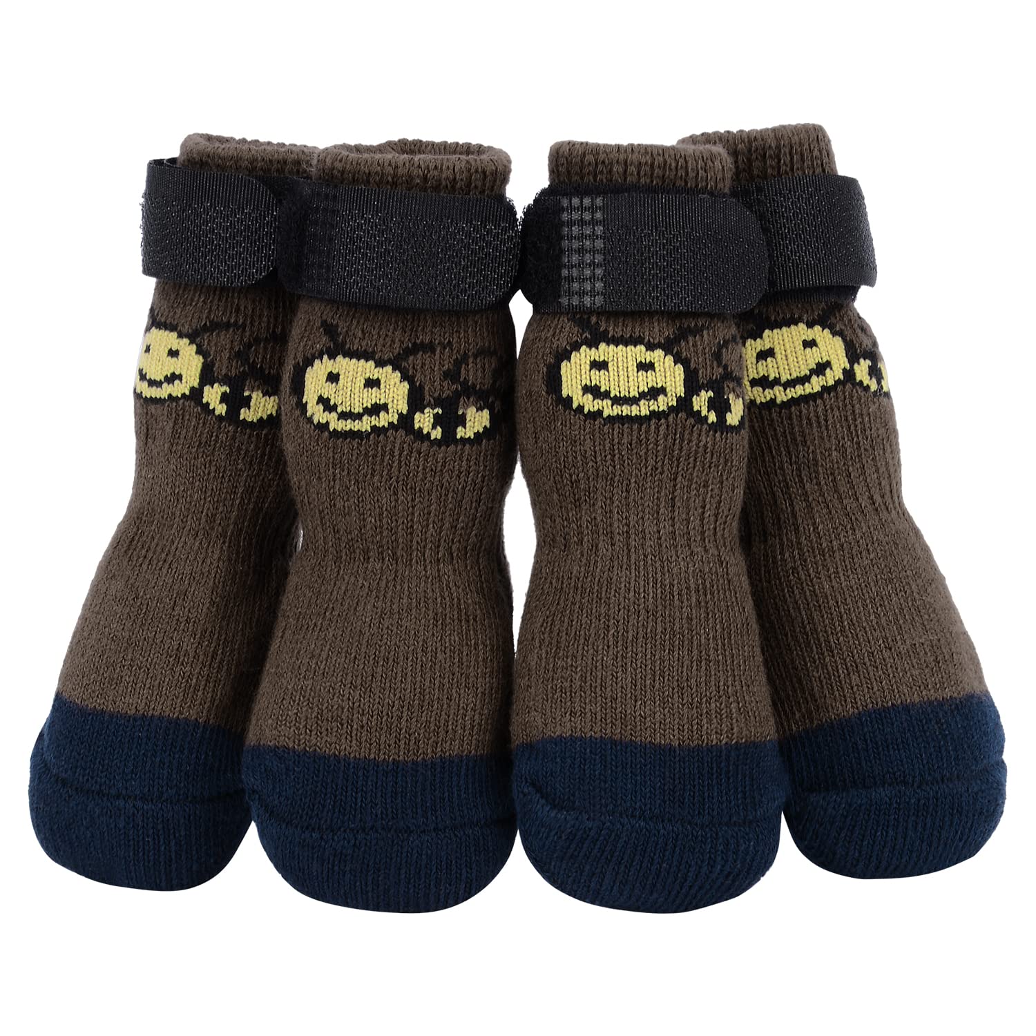PETLOFT Anti-Slip Dog Socks, 4pcs Indoor Non-Skid Dog Socks with Adjustable Detachable Fastener Strap for Small Medium Dogs Cats Puppies Older Pets (Brown Paw, L)