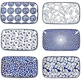 Selamica Rectangular Salad Plates, 7.1 Inch Dessert Plates Ceramic, Small Plates for Appetizer, Snack, Sushi, Fruit, Set of 6, Vintage Blue