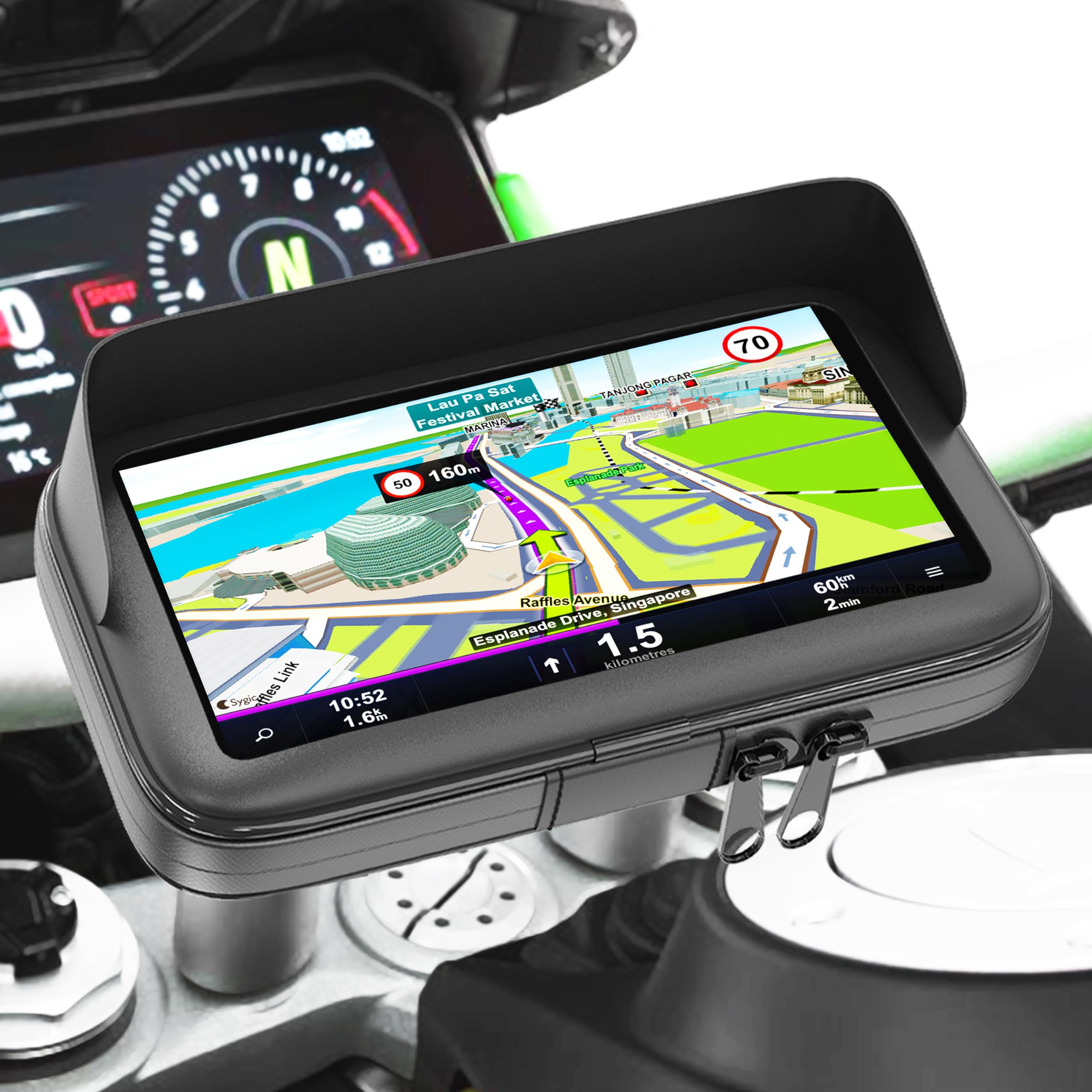 Turnaroundtech Waterproof Motorcycle Mobile Phone Holder with Charger 2.1A Quick Connection Case with Anti-Glare Visor, Suitable for Smartphones up to 7.5 Inches, Unbreakable Handlebar Attachment