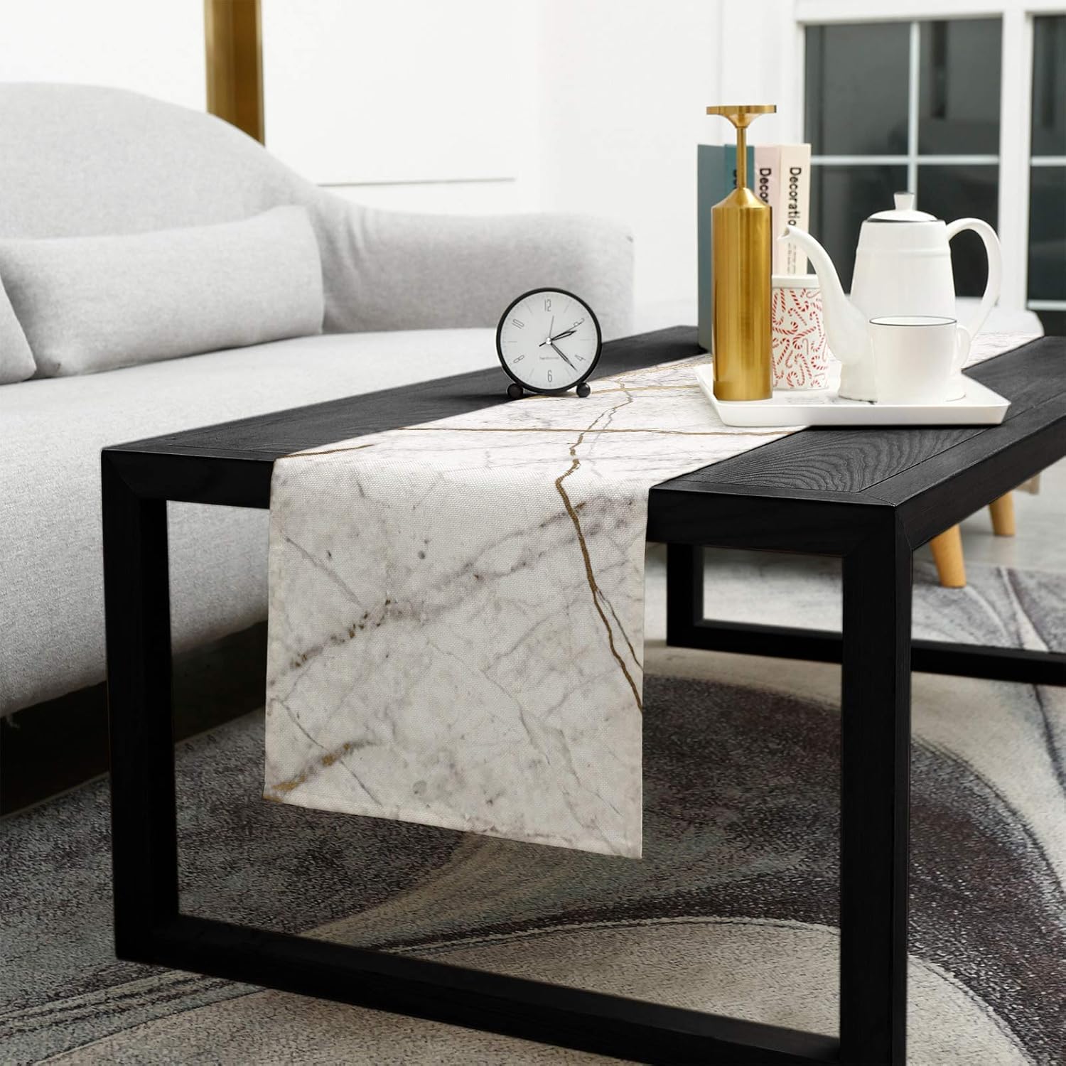 Marble Table Runner-Cotton linen-Long 108 inche White Gray Gold Dresser Scarves,Texture Tablerunner for Kitchen Coffee/Dining/Sofa/End Table Bedroom Home Living Room,Scarf Decor for Holiday Dinner: Home & Kitchen