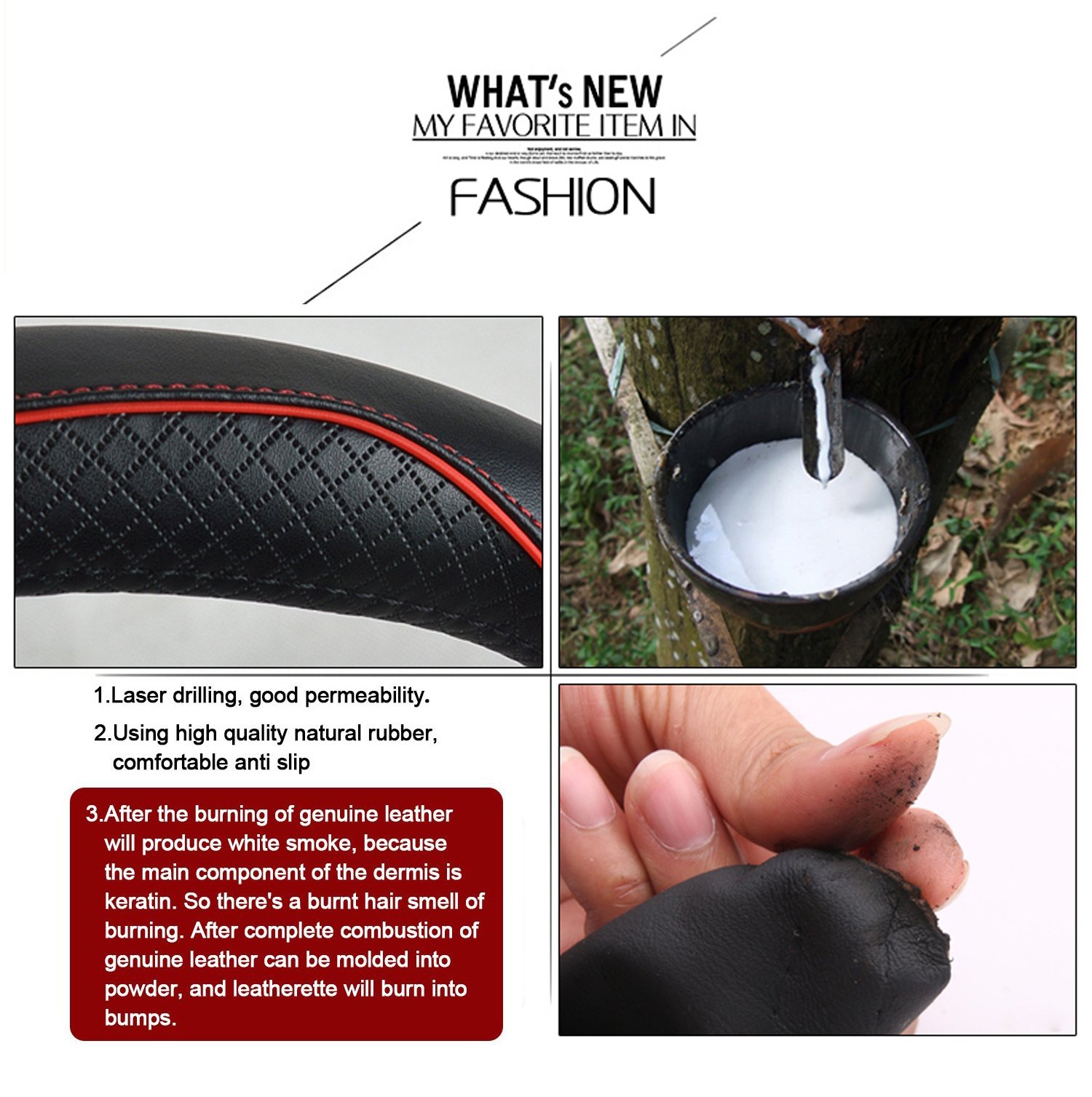 Genuine Leather Car Steering Wheel Cover - Heavy Duty, Anti-Slip Embossing Pattern ,Durable, Breathable & Odor Free, Universal 15 Inch Steering Cover (Black with Red Line)