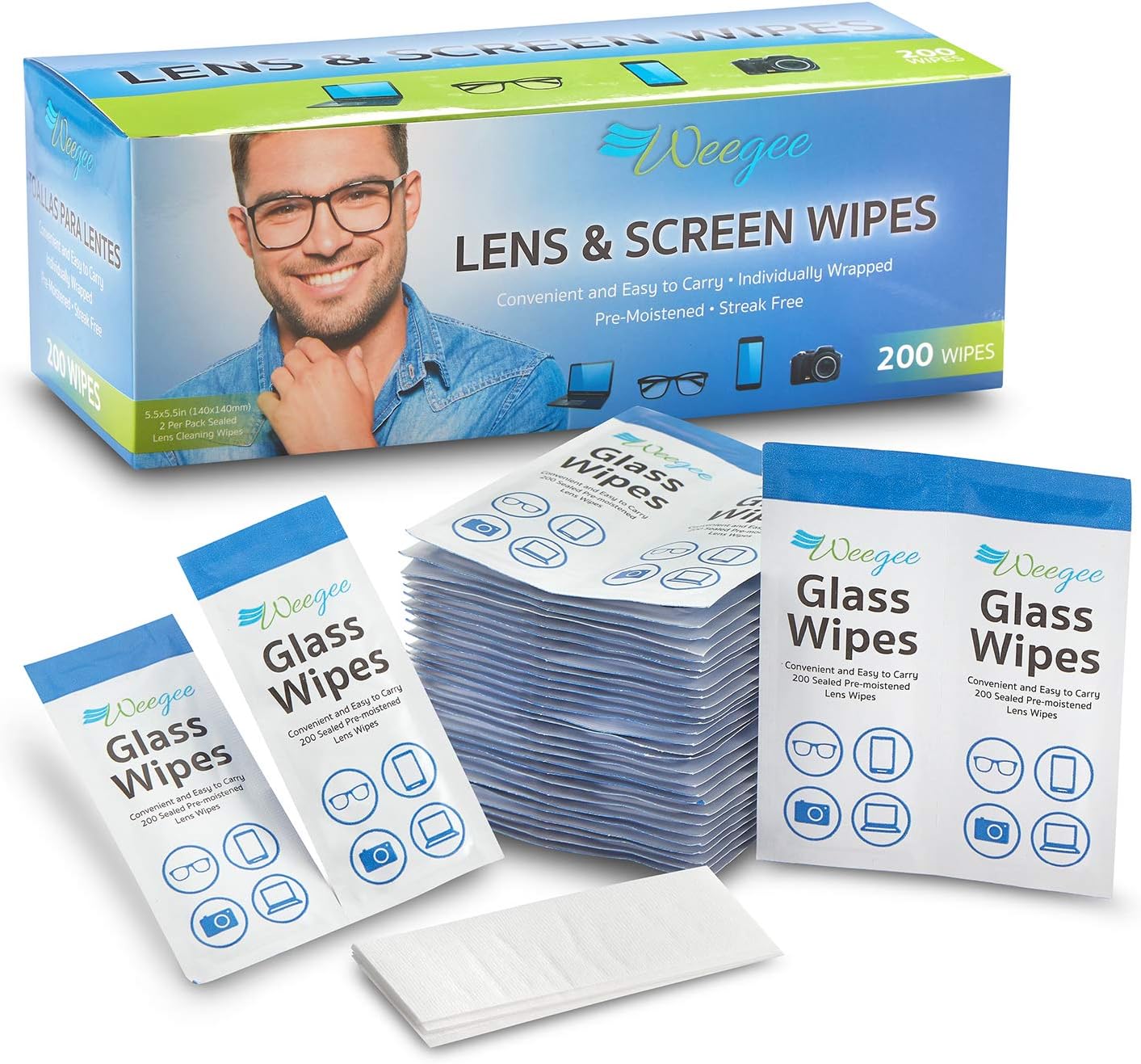 Lens Cleaning Wipes - 200 Pre Moistened Cleansing Cloths - Ideal for Camera Lenses That Require Minimal Wetness and Quick Drying Formula - Disposable and Individually Wrapped - by Weegee
