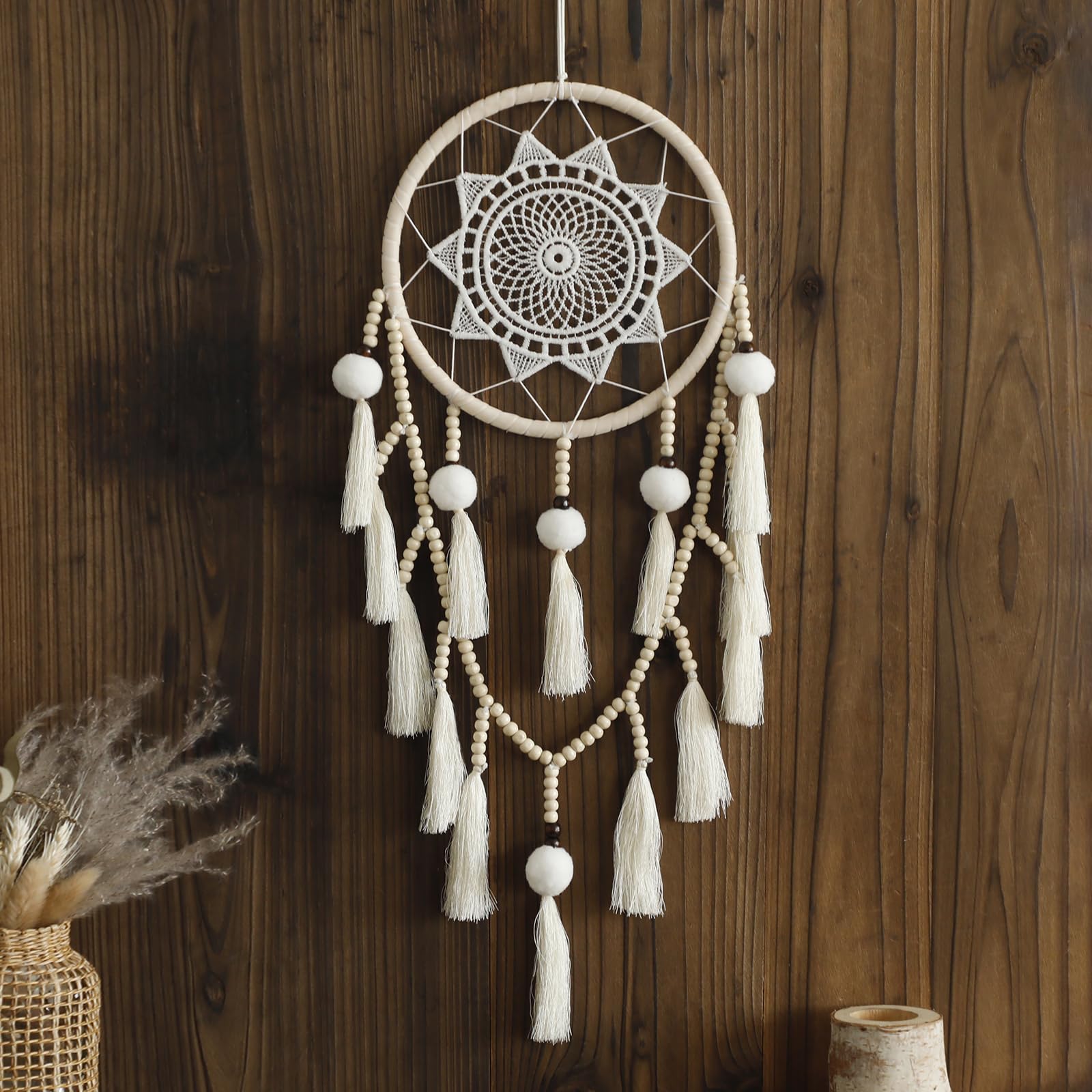 Photo 1 of Macrame Dream Catcher Wall Décor with Pom Poms Large White Dreamcatcher Wood Beads Boho Wall Hanging, Handmade Tassels Ornament Room Décor for Girls Bedroom Living Room Weddings