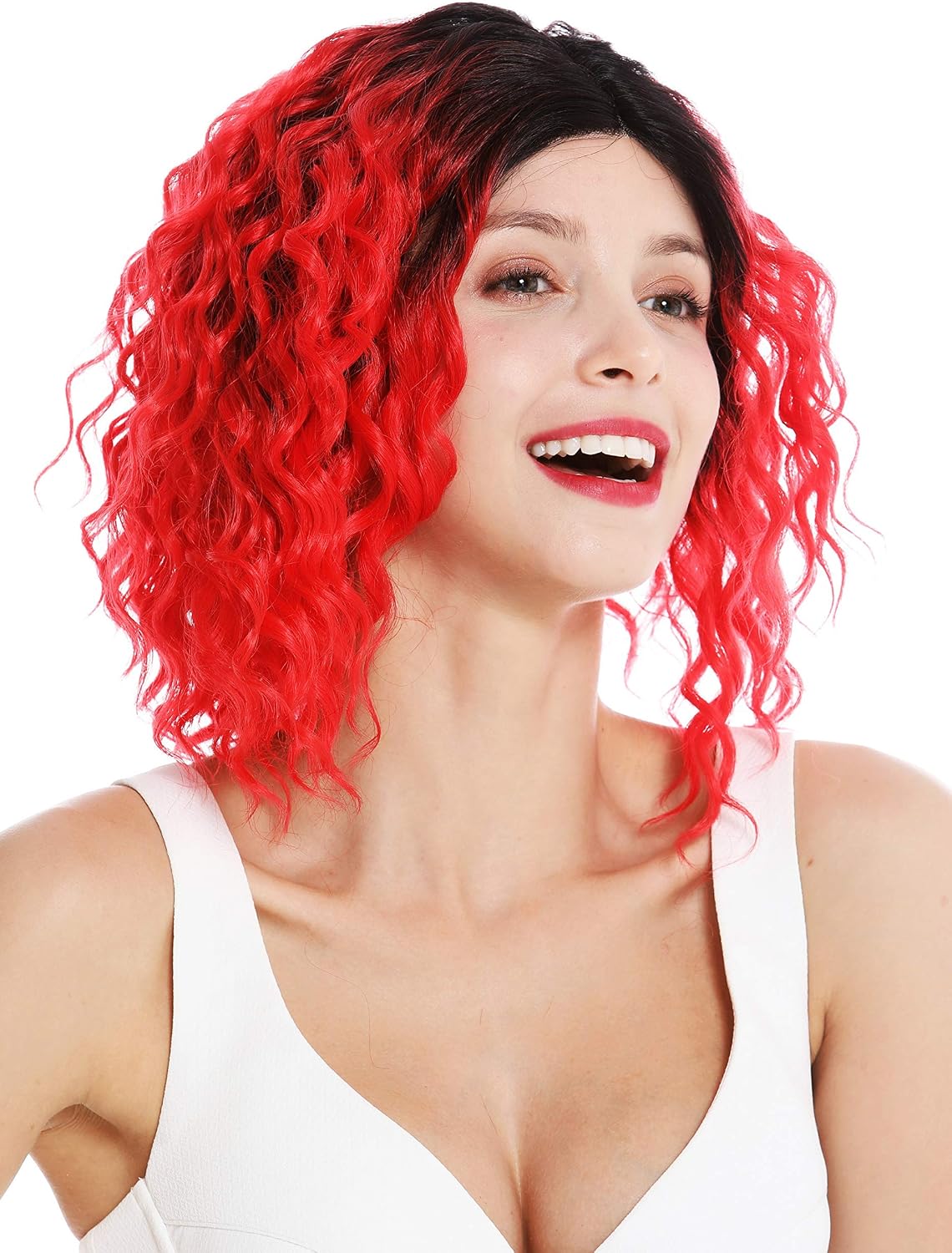 WIG ME UP - VK-15-MF-REDYS1B women's quality wig short shoulder length lace front partial monofilament very curly ombre black red - Image 3
