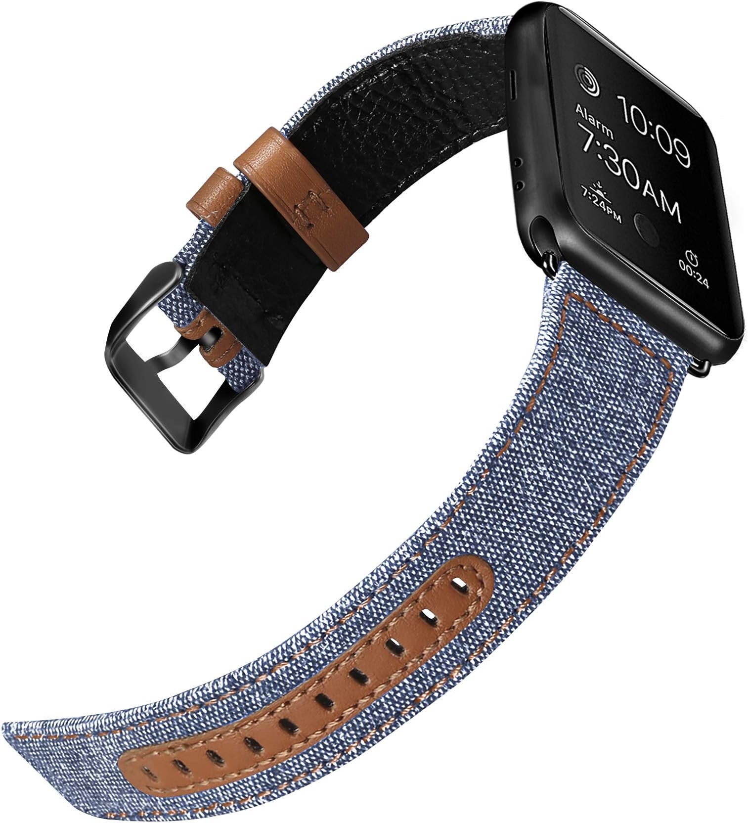 iHillon Bands Compatible with Apple Watch 42mm/44mm 38mm/40mm Series 5 Series 4 Straps, Classic Canvas Fabric Genuine Leather Wristbands Black Silver Buckle Compatible with iWatch Series 3/2/1