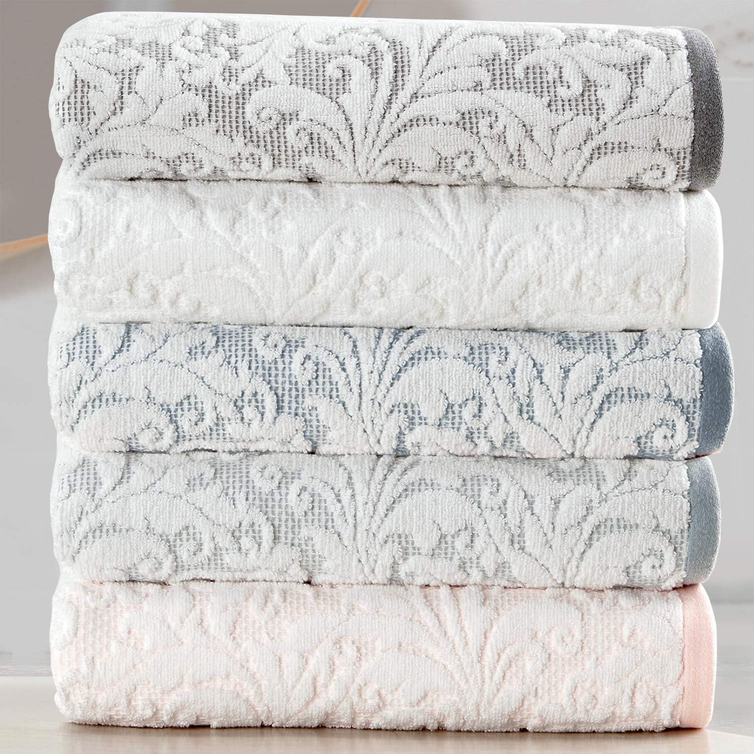 ALFRED SUNG HOME Cotton Decorative Towel Set, 6 Piece Jacquard Set Includes 2 Bath Towels, 2 Hand Towels, 2 Washcloths, Absorbent, Quick Dry, Soft, Patterned Bathroom Towels (Grey/White): Home & Kitchen