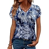 ONLYSHE Womens Short Sleeve Tunic Tops Summer Henley Shirts V-neck Blouse Casual Trendy Pleated Tee Tops for Leggings