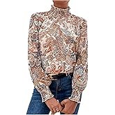 WDIRARA Women's Paisley Print Mock Neck Blouse Puff Long Sleeve Frill Trim Boho Shirt Tops
