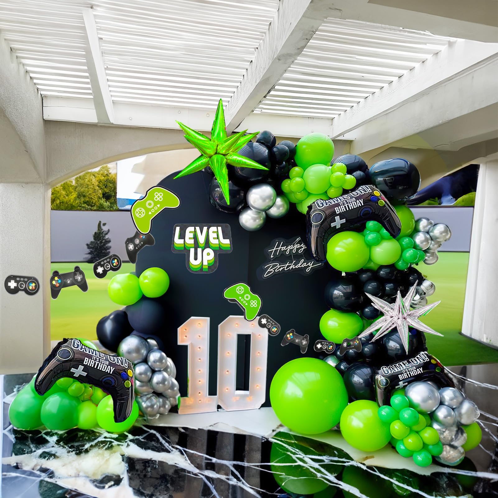 Photo 1 of Video game Balloon garland kit 135pcs Green and Black Silver Controller balloon arch Gamer night Decorations For boy birthday gaming on party supplies