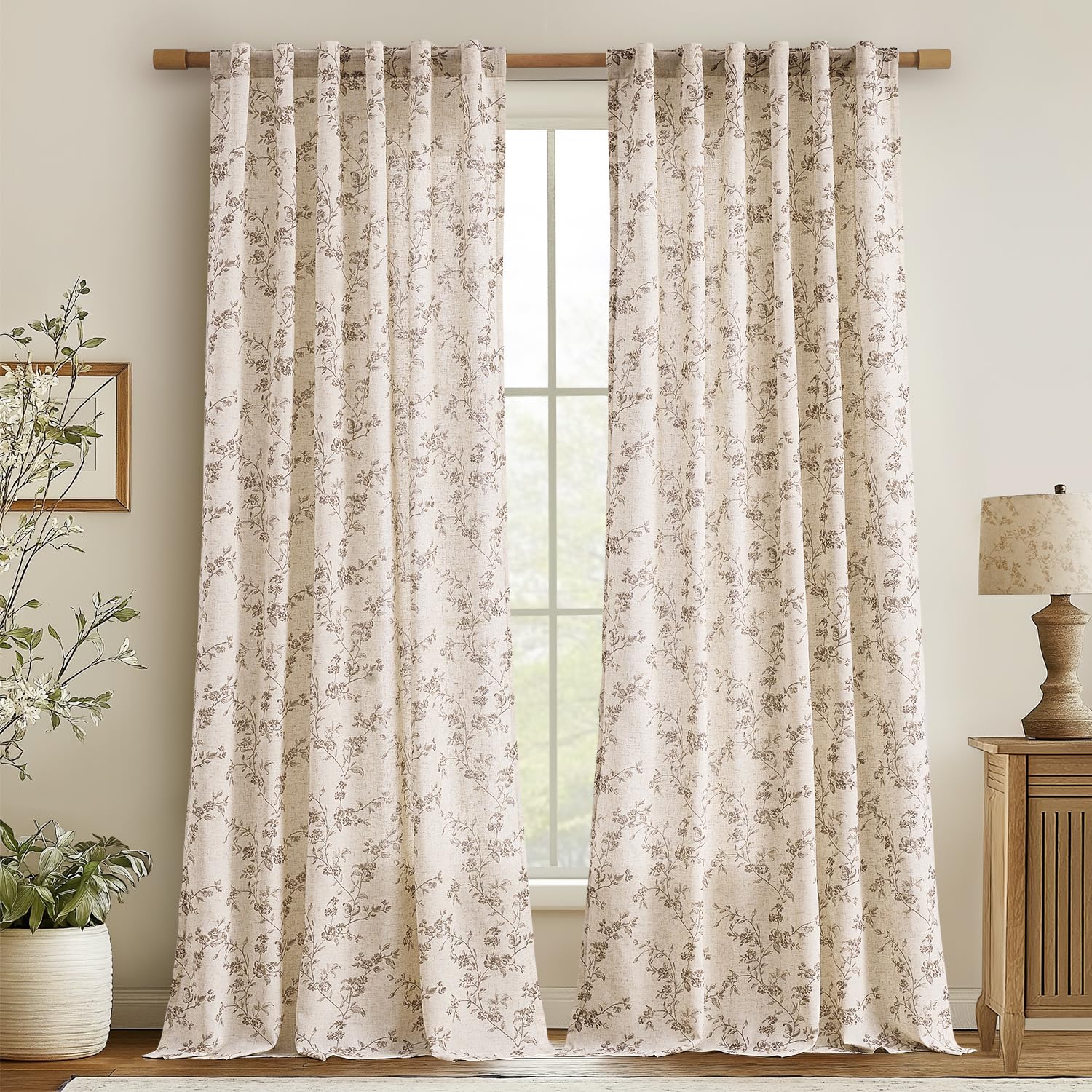 jinchan Linen Floral Curtains for Living Room 96 Inch Length Taupe Printed Curtains Back Tab French Country Farmhouse Flower Patterned Drapes Bedroom Window Curtain Set 2 Panels