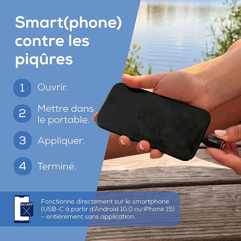 BiteX Go Deep Black, dispositif anti moustique contre piqure moustique, pour smartphone USB-C, traitement des démangeaisons, piqûres et morsures d’insectes, avec lumière