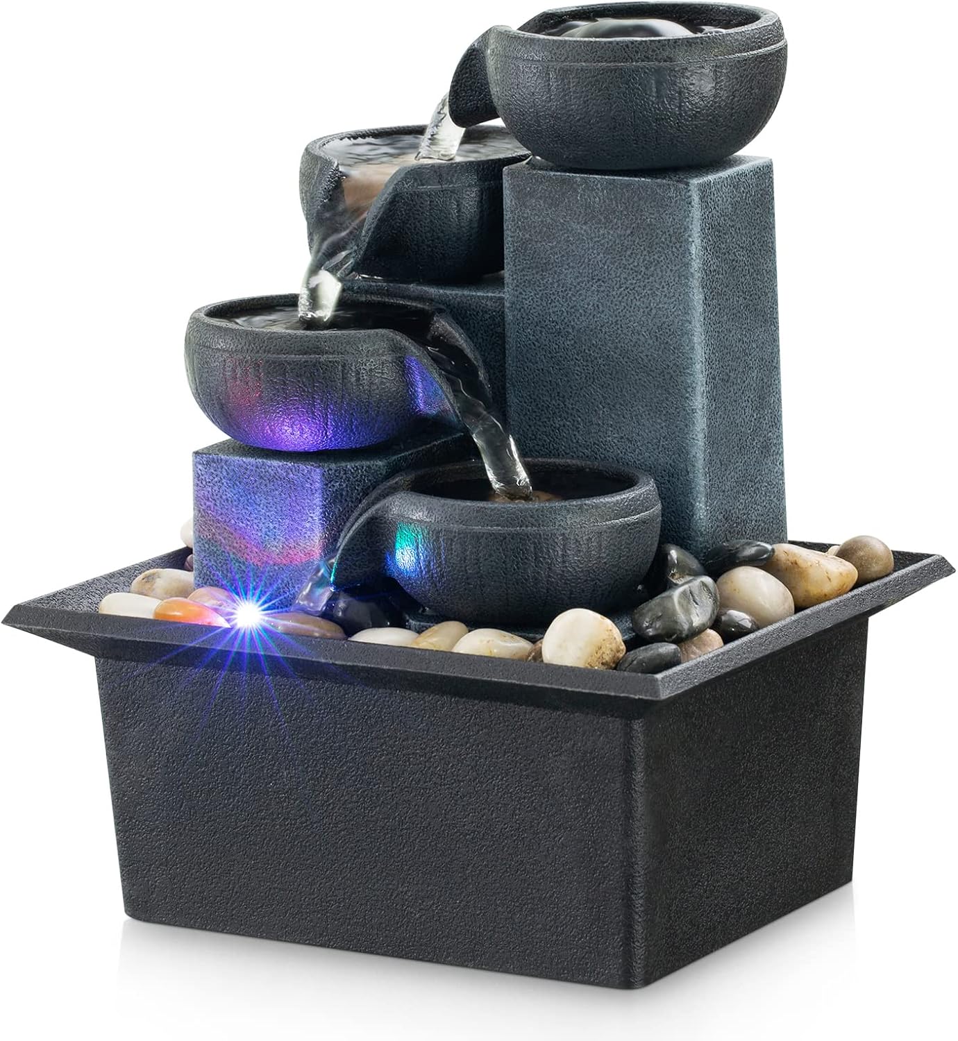 Indoor Fountains & Accessories - Tabletop Fountain Indoor Mini Waterfall 4-Tier Relaxation Tabletop Fountain Small Indoor Fountain Meditation Fountain Includes Natural River Rocks and Multi-Coloured Lights (Premium Grey)