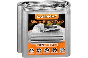CAMPMAC Heavy Duty Waterproof Tarp 6x8, 14 Mil Thick Waterproof Poly Tarps, High Durability, Rip and Tear Resistant with Metal Grommets Every 20 Inches (Silver/Black)