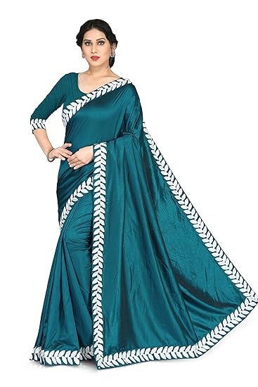 Womens Vichitra Silk Traditional Contrast Velly Lace Border Saree With Un-stitched Blouse Piece