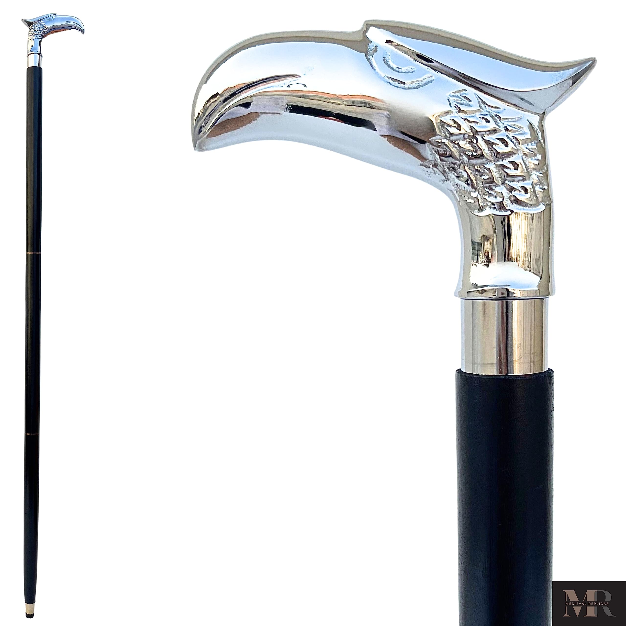 Medieval Replicas Natural Wooden & Brass Chrome Eagle Head Handle Walking Cane For Men & Women Gift.